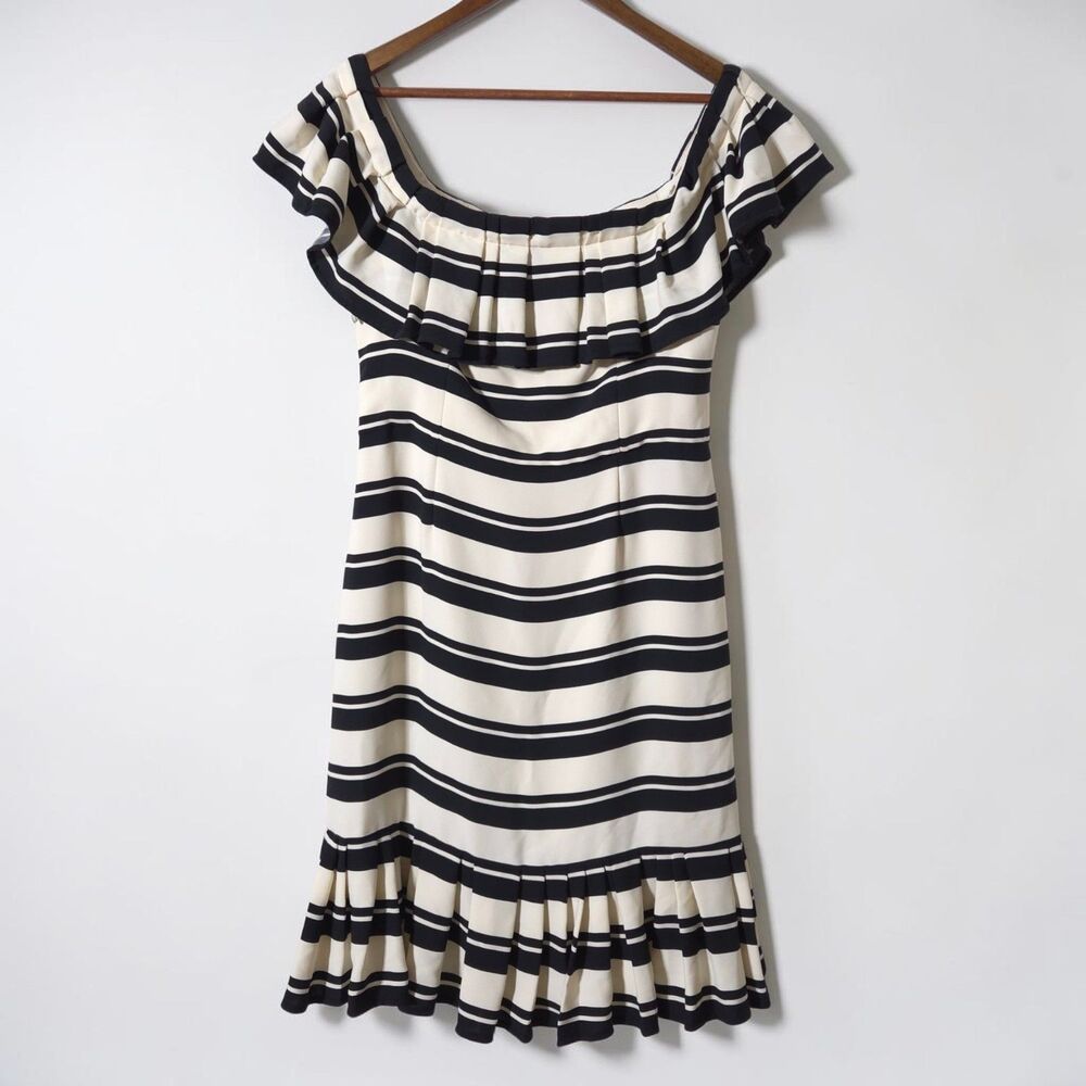 Halston Heritage Off Shoulder Flounce Dress Size 8 Navy Blue Ivory Ruffle Hem